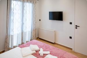um quarto com uma cama e uma televisão na parede em Kefalovriso Luxury Apartment 1 em Lepanto