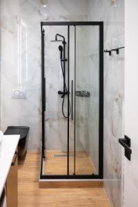 um chuveiro com uma porta de vidro na casa de banho em Kefalovriso Luxury Apartment 1 em Lepanto