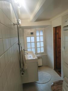 ein Bad mit einem Waschbecken und einem Fenster in der Unterkunft Nouveau à Rougemont: Appartement dans Chalet 1830 in Rougemont