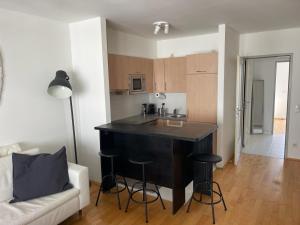 eine Küche mit einer schwarzen Insel im Wohnzimmer in der Unterkunft Traumwohnung mit Balkon im 17 Bezirk in Wien