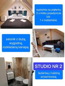 a collage of photos of a bedroom and a living room at Stara Kuźnia in Duszniki Zdrój