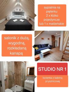a collage of pictures of a bedroom and a living room at Stara Kuźnia in Duszniki Zdrój