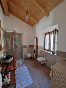 uma casa de banho com um chuveiro, um WC e um lavatório. em CASA RO em Salaiola
