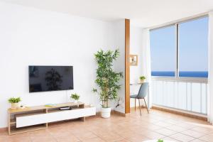 a living room with a tv on a white wall at Frontline Duplex Las Arenitas with pool in Candelaria