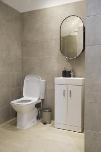 a bathroom with a white toilet and a mirror at Stylish Studio Apartments, Willesden in London