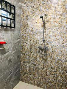 a shower in a bathroom with a stone wall at Grapefruitstraat in Paramaribo