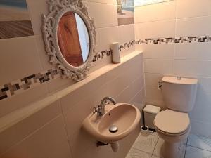 W łazience znajduje się toaleta, umywalka i lustro. w obiekcie KANALU w mieście Bouillante