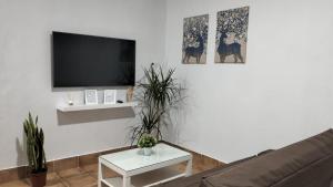 sala de estar con sofá y TV en la pared en Apartamento Las Palomas, en Bonares