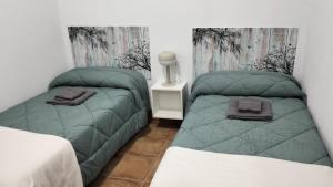 1 dormitorio con 2 camas con sábanas verdes en Apartamento Las Palomas, en Bonares