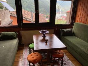 WOODEN OCHENA in UZUNGÖL في جايكارا: غرفة معيشة مع طاولة وأريكة ونوافذ
