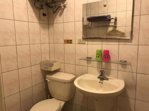 a bathroom with a toilet and a sink at Warm Fengjia LesGo in Taichung