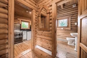a log cabin bathroom with a toilet and a sink at Kingfisher Lodge and mooring on the River Ouse in Renhold