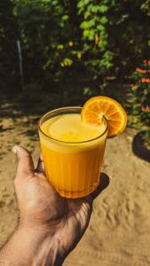una mano sosteniendo un vaso de zumo de naranja con una rodaja de naranja en Marari Bobans villa, en Mararikulam