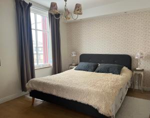 um quarto com uma cama grande e 2 almofadas azuis em Rose Apartment em Pärnu