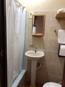a bathroom with a shower curtain and a sink at Posada Rosa Balvina in La Tenería
