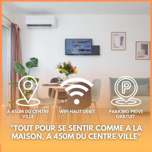 a flyer for a living room with a table and a tv at Le Carnot By ApiRent #Centre-ville #Climatisation #Wifi in Cannes