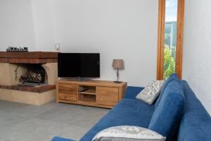 a living room with a blue couch and a flat screen tv at Pic-Chaussy B14 in Les Mosses