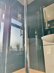 a glass shower in a bathroom with a window at Oxford Studio Flat in Oxford