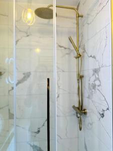 a shower with a glass door in a bathroom at Le Golden - Terrasse & Parking in Rennes