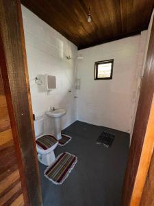 La petite salle de bains est pourvue de toilettes et d'un lavabo. dans l'établissement Paraíso da serra, à São Francisco Xavier