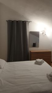 a bed with a black shower curtain and a mirror at Casa n 1 con parcheggio privato e colonnina ricarica in Livorno