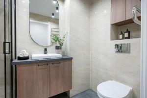 een badkamer met een wastafel en een spiegel bij Apartments near Akropolis shopping center. in Vilnius
