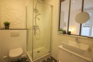 a bathroom with a shower and a toilet and a sink at Old Town apartment with view in Lille