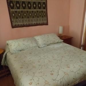 1 dormitorio con 1 cama con manta y espejo en La Huerta, en Vicuña