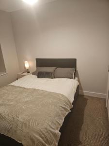 a bed in a bedroom with a white wall at Cozy 2 Bedroom Apartment in Kilkenny