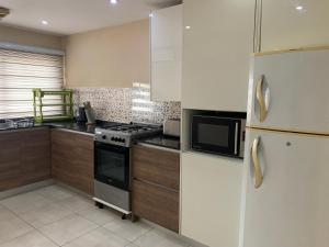 a kitchen with a stove and a microwave at The Emem Apartment Collections in Lagos