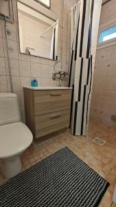 y baño con aseo, lavabo y ducha. en Apartment in Säkylä centrum, en Säkylä