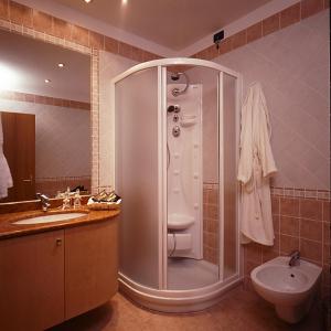 a bathroom with a shower and a toilet and a sink at Hotel Paganella in Andalo