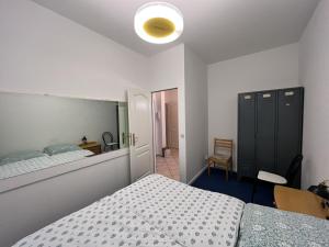 a bedroom with a bed and a mirror at Große Terrassenwohnung mit Seeblick in Stechlin