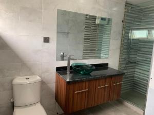 a bathroom with a sink and a toilet and a mirror at The Emem Apartment Collections in Lagos