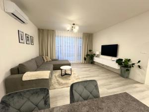 sala de estar con sofá y TV de pantalla plana en Klimatizovaný Apartmánový dom s vírivkou, 9A, en Senec