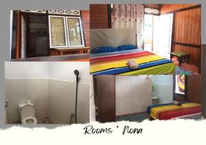 a collage of four pictures of a bedroom at HEINER HOMESTAY in Bunaken