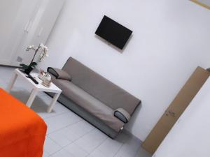 un sofá en una habitación con TV en la pared en Le tre orchidee, en Salerno