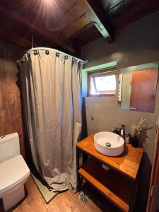 a bathroom with a shower curtain and a sink at La Finca Hostel de Montaña - Habitación Amancay in San Carlos de Bariloche