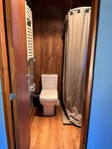 a bathroom with a toilet and a shower curtain at La Finca Hostel de Montaña - Habitación Amancay in San Carlos de Bariloche +7 photos