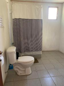 La salle de bains est pourvue de toilettes et d'un rideau de douche. dans l'établissement Hermosa casa familiar para 8 personas con tinaja-Cochiguaz Valle de Elqui, à Paihuano