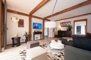 a living room with a couch and a tv at Top City Apartment Uniklinik in Freiburg im Breisgau