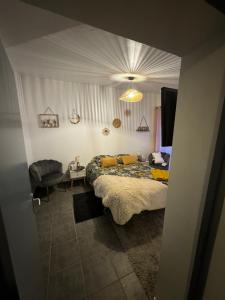 コルマールにあるGîte & Spa CASANOUのベッドルーム1室(ベッド1台、テーブル、椅子付)