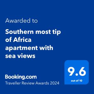Palkinto, sertifikaatti, kyltti tai muu asiakirja, joka on esillä majoituspaikassa Southern most tip of Africa apartment with sea views