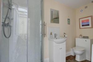 Un baño con ducha, inodoro y lavabo. en Lynton Exmoor Devon stylish comfy Edwardian house, en Lynton 41 fotos más