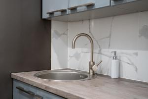 a kitchen counter with a sink in a kitchen at Stylish Apartment For up to 4 Guests With WiFi, Free Parking in Vilkaviškis