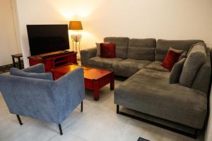 a living room with a couch and a tv at Maison climatisée 30 min de Paris rénovée à neuf 8pers in Évry-les-Châteaux