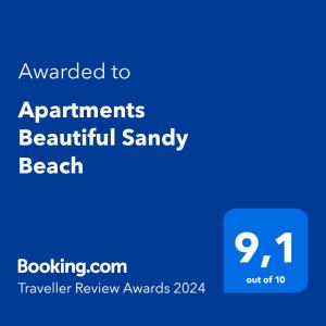 a blue text box with the words explained to applicants beautiful sandy beach at Apartments Beautiful Sandy Beach in Split