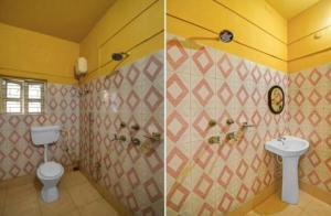 two pictures of a bathroom with a toilet and a sink at Goroomgo Salt Lake Palace Kolkata - Fully Air Conditioned & Parking Facilities in kolkata