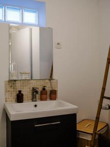 een badkamer met een witte wastafel en een spiegel bij Appartement Cosy et chaleureux in Montreuil
