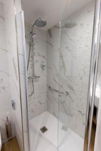 La salle de bains est pourvue d'une douche avec une porte en verre. dans l'établissement Les Terrasses du Port, à Saint-Pierre